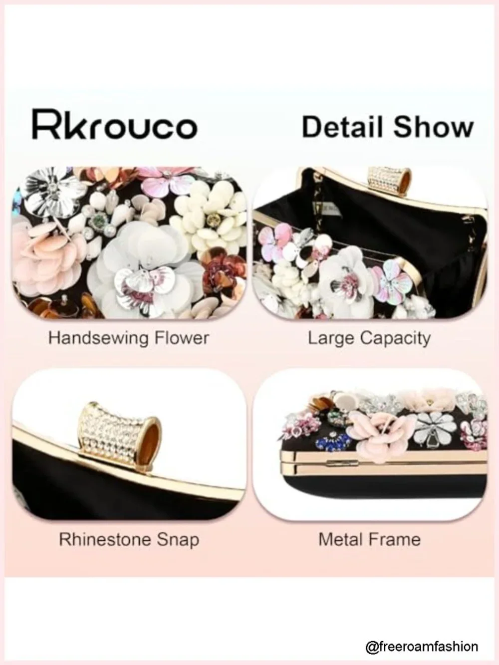Evening Clutch Bag - Satin Floral Handbag with Rhinestones, Detachable Chains